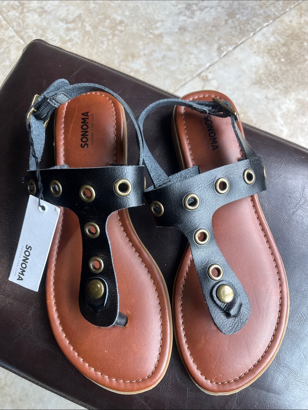 Sonoma Black and Brown T-Strap Grommet Sandals